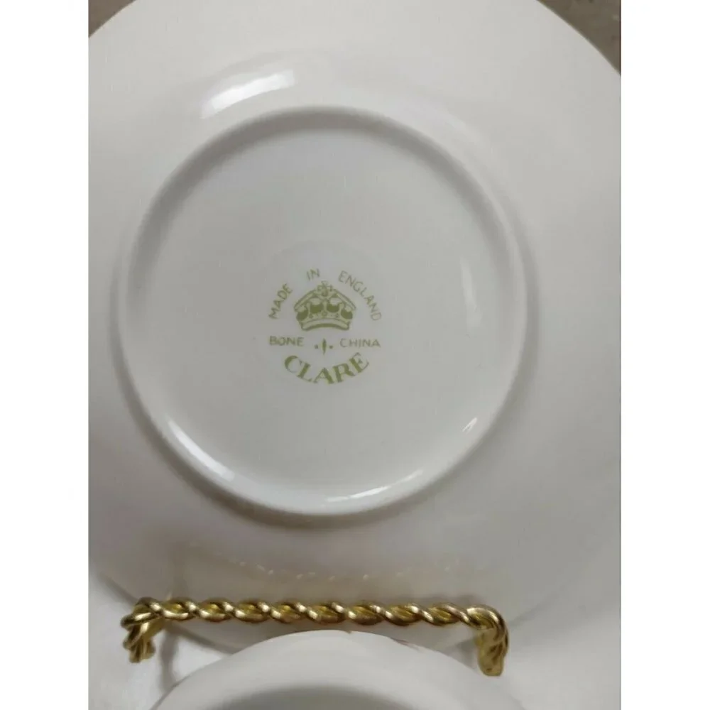Clare Bone China White Floral Victorian Gold Rim Tea Cup And Saucer Set